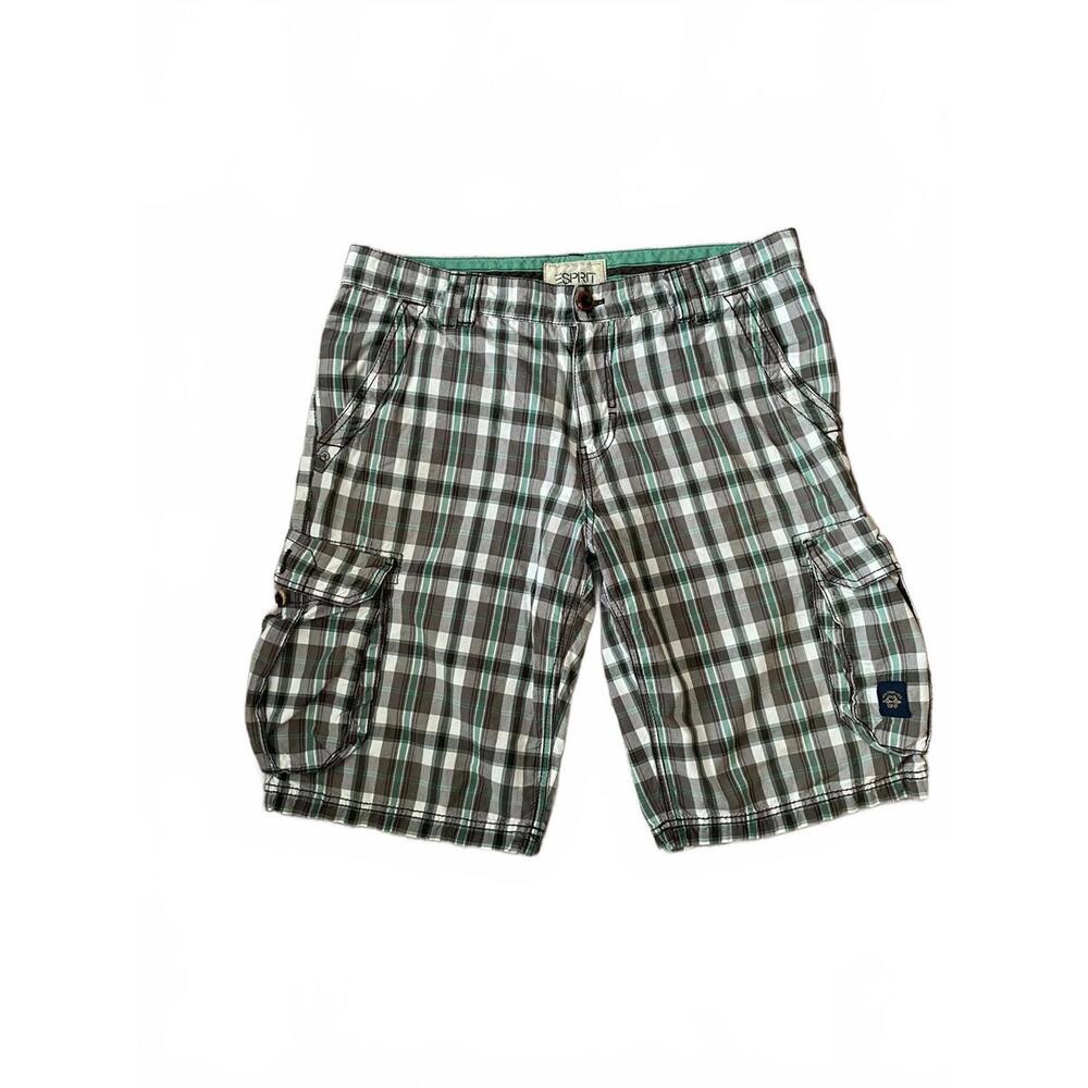 Esprit Y2K Skater Green & Black Plaid Cargo Shorts 100% Cotton Mens Size 33